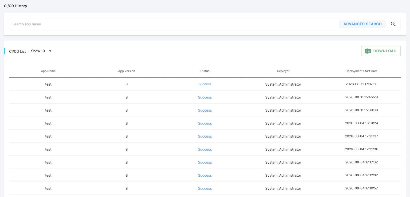AI service CI/CD history management screen