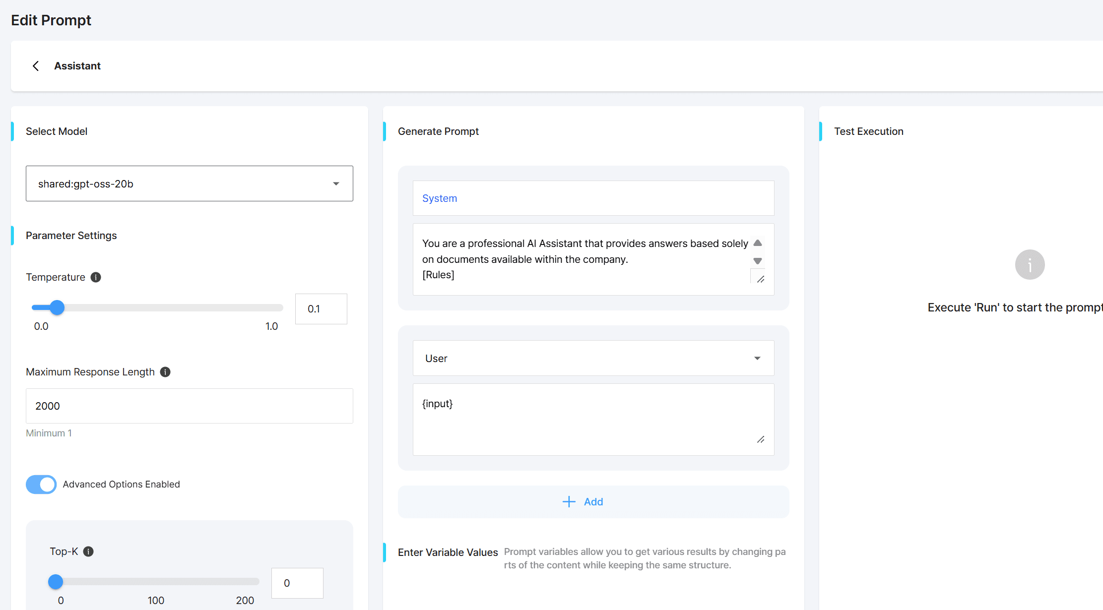 Prompt editor: model selection, parameter settings, and test execution