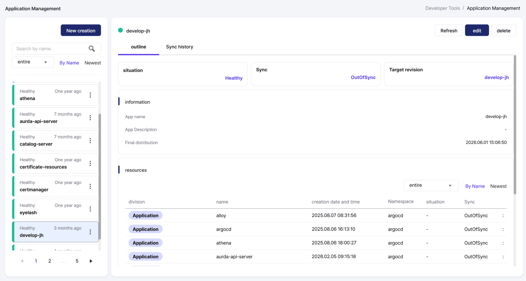 GitOps application management screen: health, sync status, and resource tracking