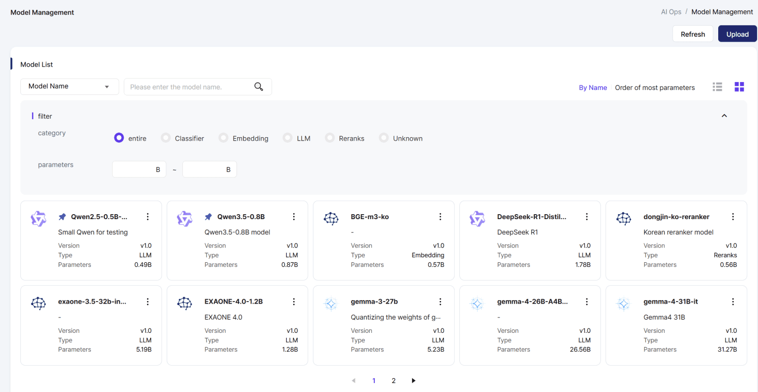 Model management screen: registered models with type and parameter size