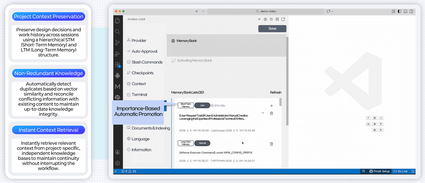 Memory bank management screen: short-term and long-term memory lists